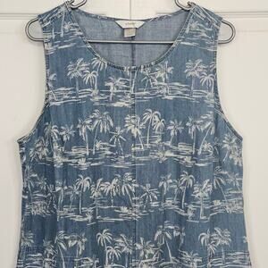CJ Banks Vintage Tropical Chambray Shift Dress X 14W Summer Vacation Resort Blue
